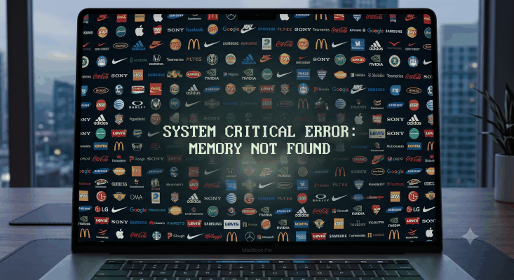 A laptop screen tiled with hundreds of brand logos, overlaid with the words “SYSTEM CRITICAL ERROR: MEMORY NOT FOUND”.