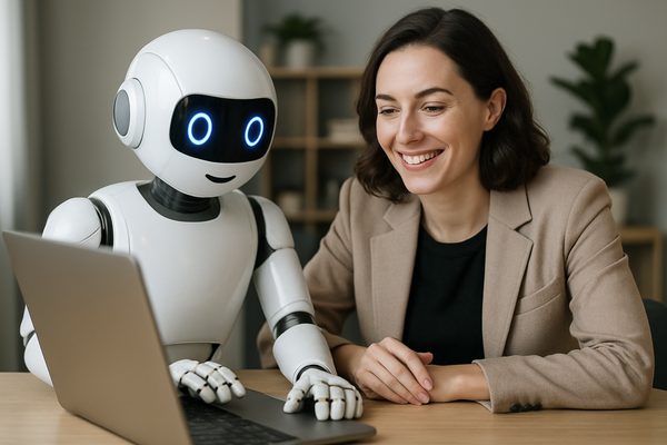 AI-generated image of a smiling woman at a desk beside a small white humanoid robot, both facing a laptop.