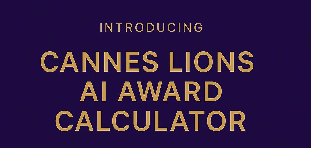 Title card reading “Introducing Cannes Lions AI Award Calculator” in gold type on a deep purple background.