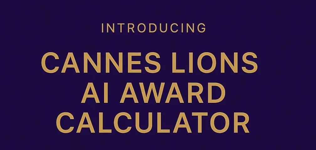 Title card reading “Introducing Cannes Lions AI Award Calculator” in gold type on a deep purple background.