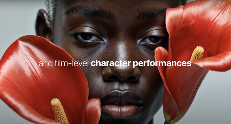 Still from an AI text-to-video demo: a close-up portrait framed by large red flowers, captioned “and film-level character performances”.