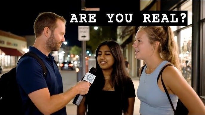 Street-interview video still: a man holding a microphone talks to two young women on a pavement at night, captioned “ARE YOU REAL?”