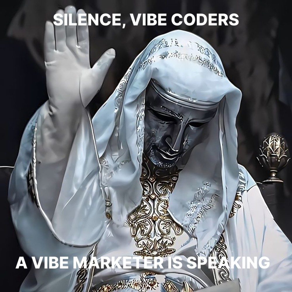 Meme of a robed figure raising one hand, captioned “SILENCE, VIBE CODERS” and “A VIBE MARKETER IS SPEAKING”.