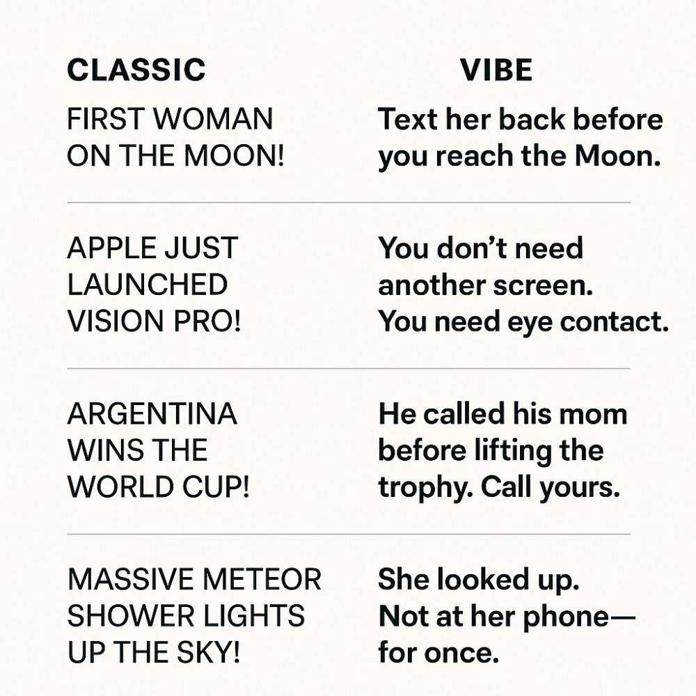 Two-column graphic comparing “CLASSIC” news headlines with their “VIBE” rewrites — for example “FIRST WOMAN ON THE MOON!” next to “Text her back before you reach the Moon.”