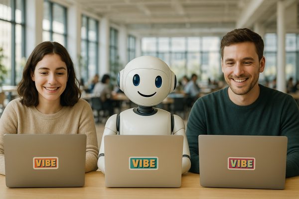 AI-generated image of two people and a white humanoid robot sitting side by side, each behind a laptop carrying a “VIBE” sticker.
