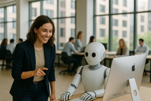 AI-generated image of a smiling woman in an open-plan office standing beside a white humanoid robot at a desktop computer.