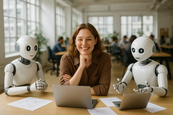 AI-generated image of a woman working at a laptop in an office, flanked by two white humanoid robots.