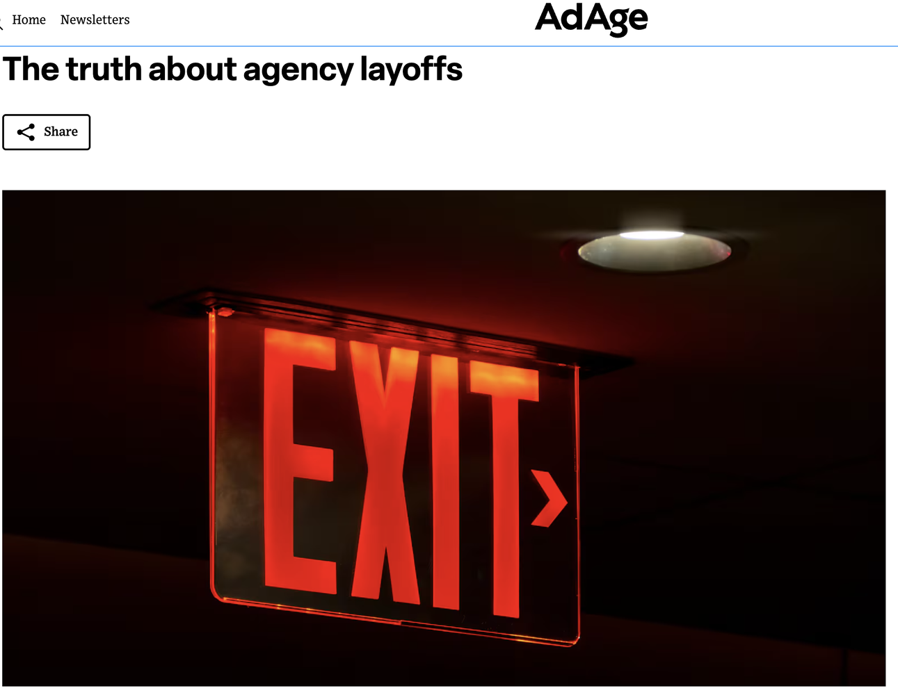 Screenshot of an Ad Age article headlined “The truth about agency layoffs”, illustrated with a glowing red EXIT sign.