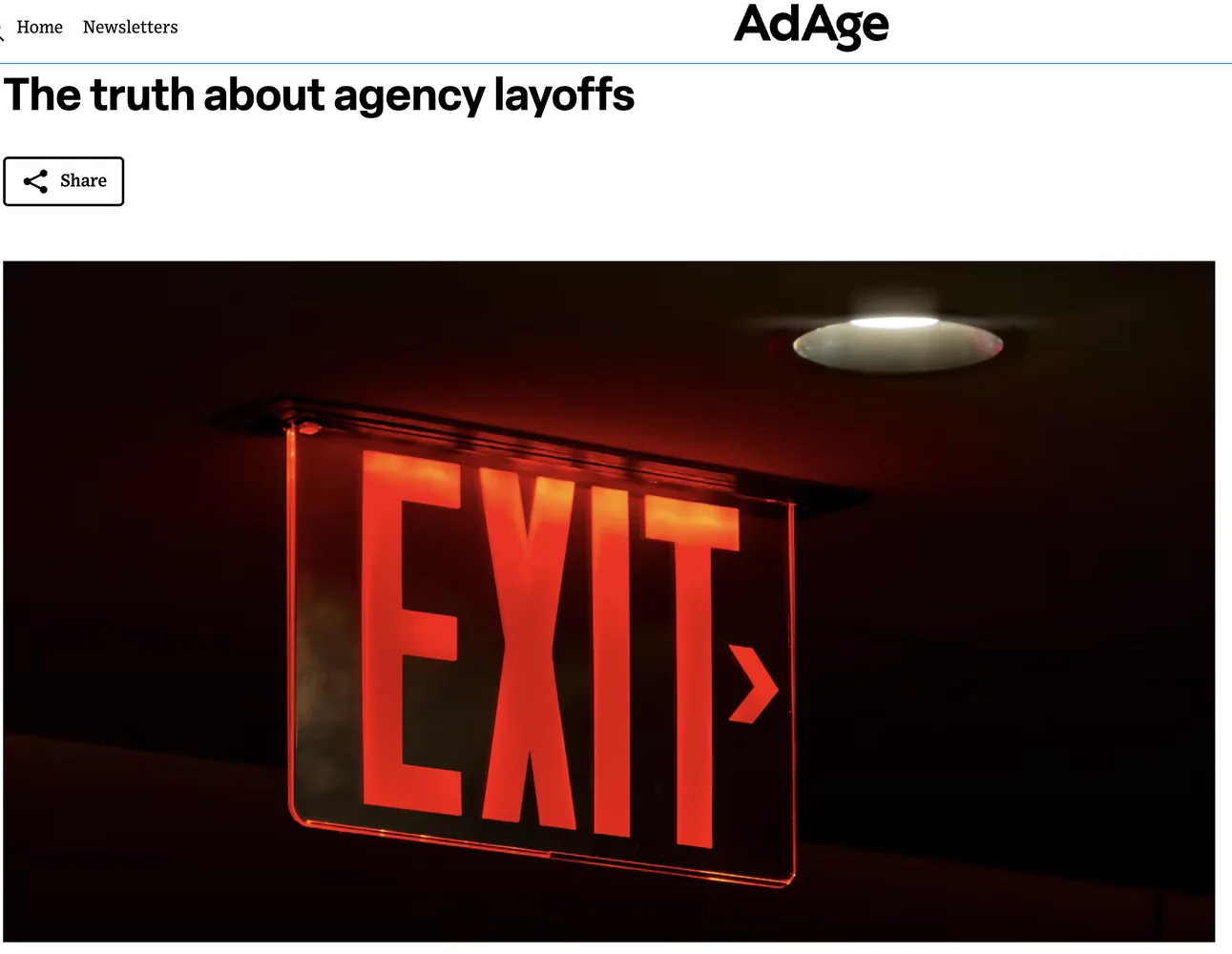 Screenshot of an Ad Age article headlined “The truth about agency layoffs”, illustrated with a glowing red EXIT sign.