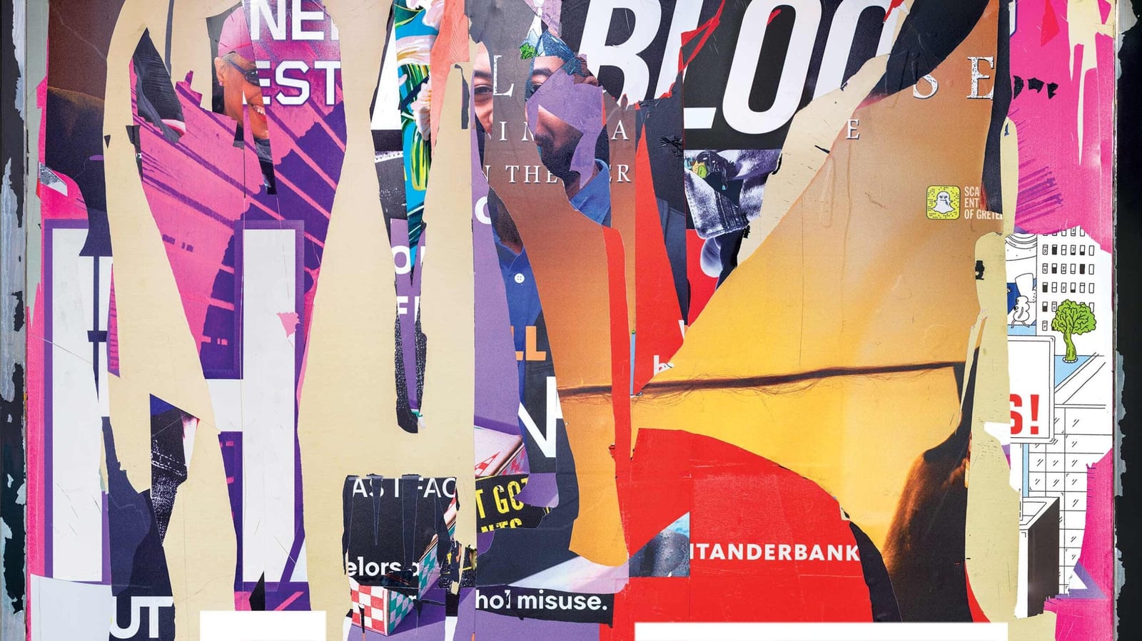 Torn layers of fly-posted advertising posters in pink, purple and yellow, the cover artwork of the Harvard Business Review article.