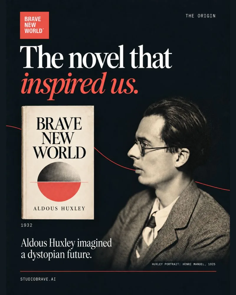 Brave New World poster: “The novel that inspired us.” A 1932 copy of Aldous Huxley’s novel beside a portrait of Huxley.