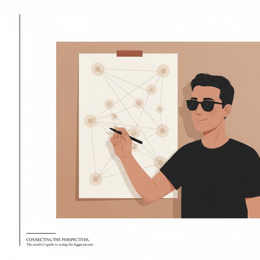 Illustration of a man in sunglasses drawing a web of connected nodes on a large sheet of paper, captioned “Connecting the perspectives”.