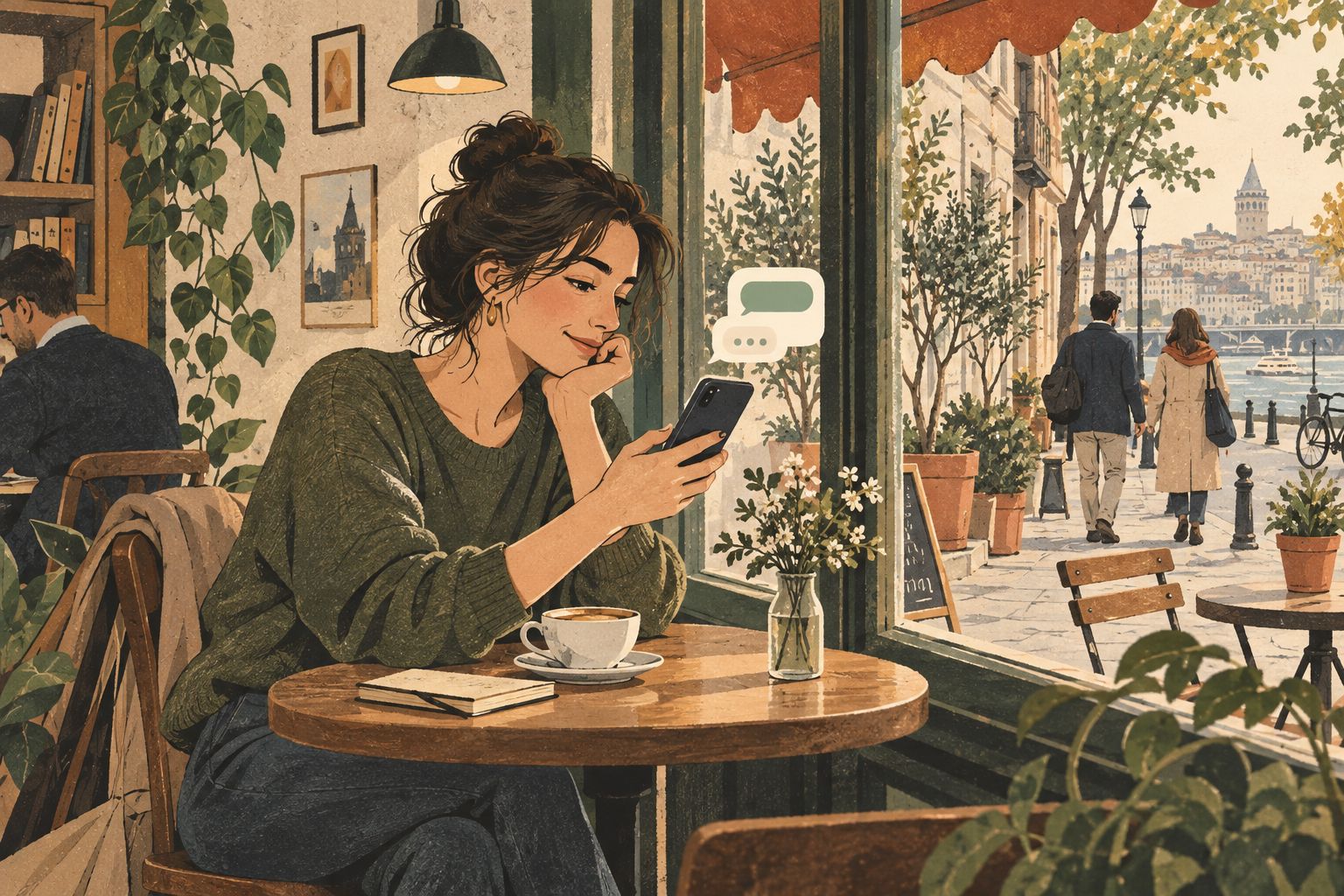 Bir kafede kahvesinin yanında telefonundaki AI ile sohbet eden genç bir yetişkin; pencerenin dışında gündelik şehir hayatı.