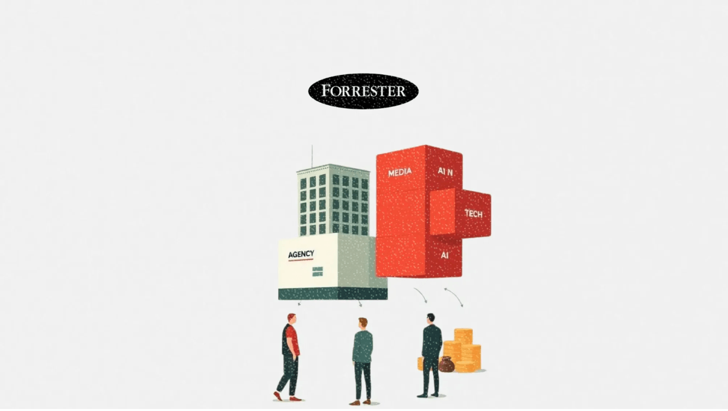Forrester illustration of a small agency building beside a much larger block labelled media, AI and tech, with three figures looking up at it.